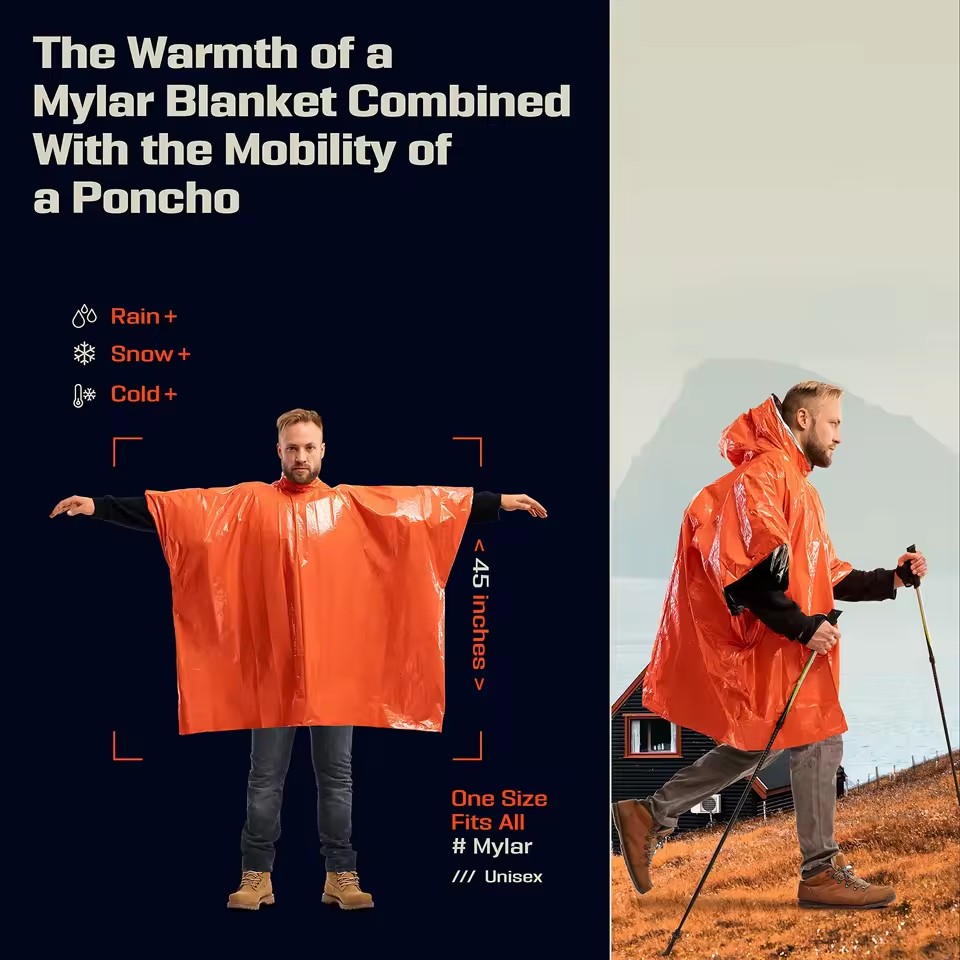 Survival Blanket Reflective - Poncho Térmico de Sobrevivência para Chuva